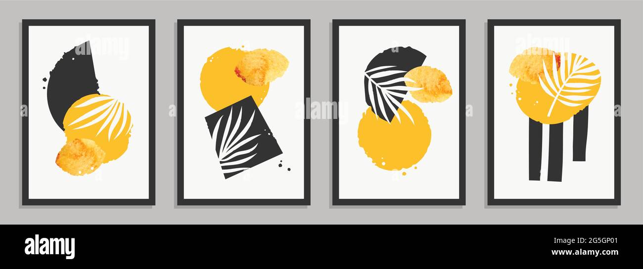 Arte astratta in stile minimalista con forme geometriche semplici, macchie acquerello ed elementi vegetali Illustrazione Vettoriale