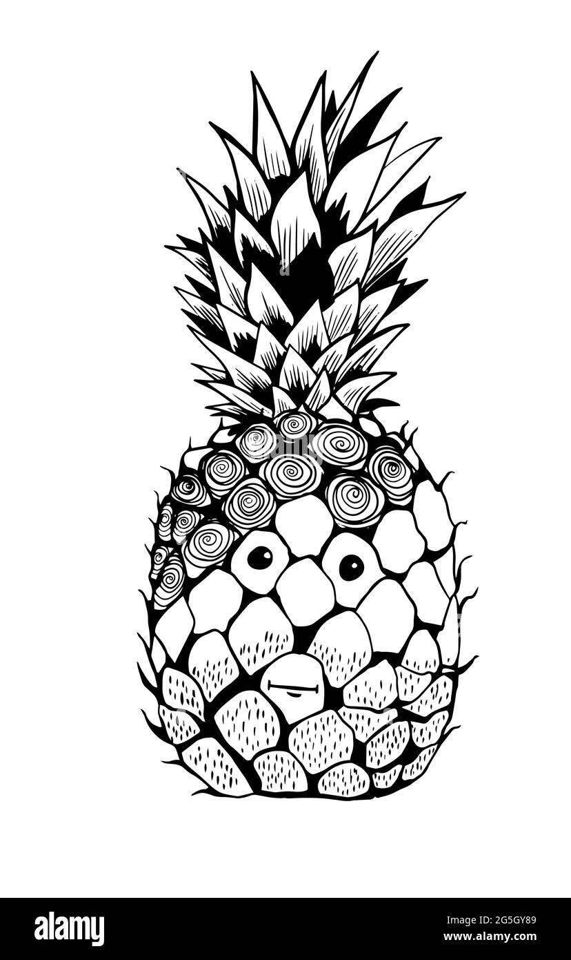 Simpatico ananas allegro. Monocromatico, da colorare . Illustrazione vettoriale Illustrazione Vettoriale