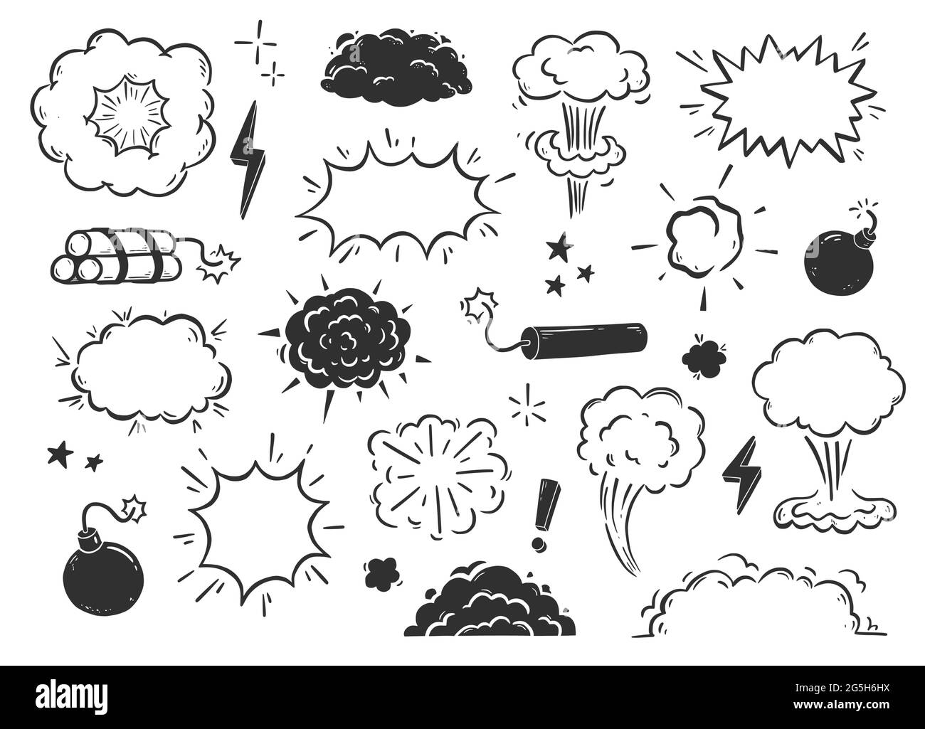 Esplosione disegnata a mano, bomba, elemento di fumo. Fumetto doodle schizzo. Bomba nuvola, dinamite, segno di stella. Illustrazione vettoriale. Illustrazione Vettoriale