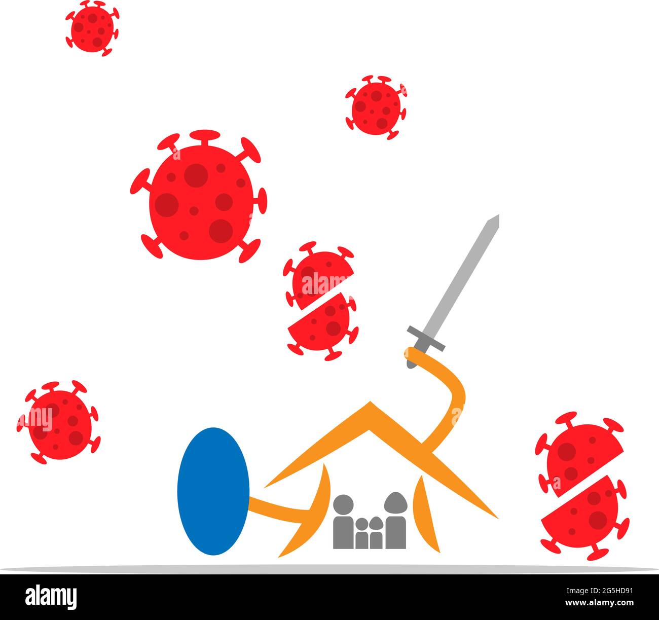 Protezione da coronavirus e quarantena in casa. design piatto. Virus wuhan dalla cina. Illustrazione vettoriale su sfondo bianco Illustrazione Vettoriale