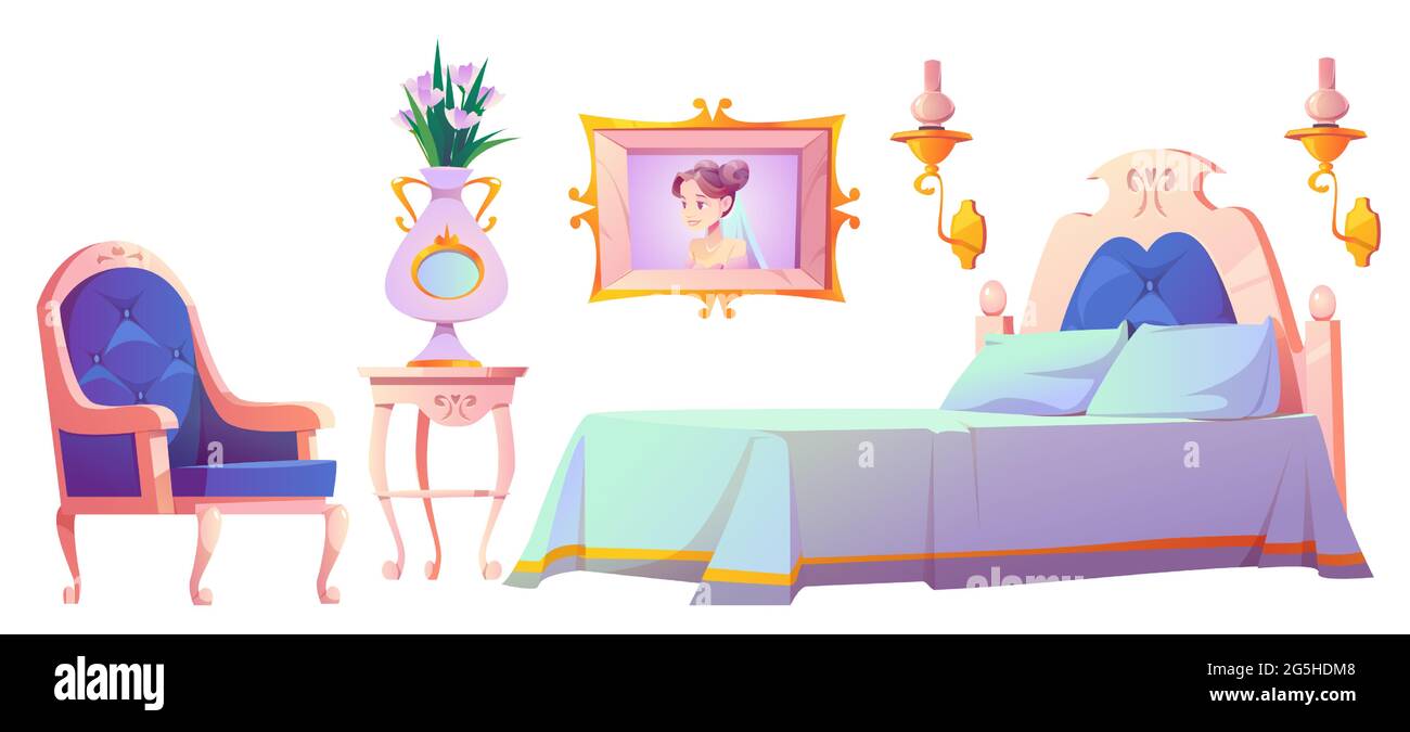 Set di mobili da camera Princess, elementi interni per camera d'epoca. Elegante letto retrò, armadio, poltrona in velluto. Classico stile reale femminile design per ragazza Cartoon vettore illustrazione isolata Illustrazione Vettoriale