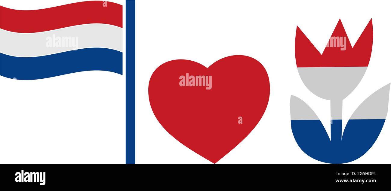 Amo i Paesi Bassi con bandiera, amore e icona tulipano. flat design. Illustrazione vettoriale su sfondo bianco Illustrazione Vettoriale