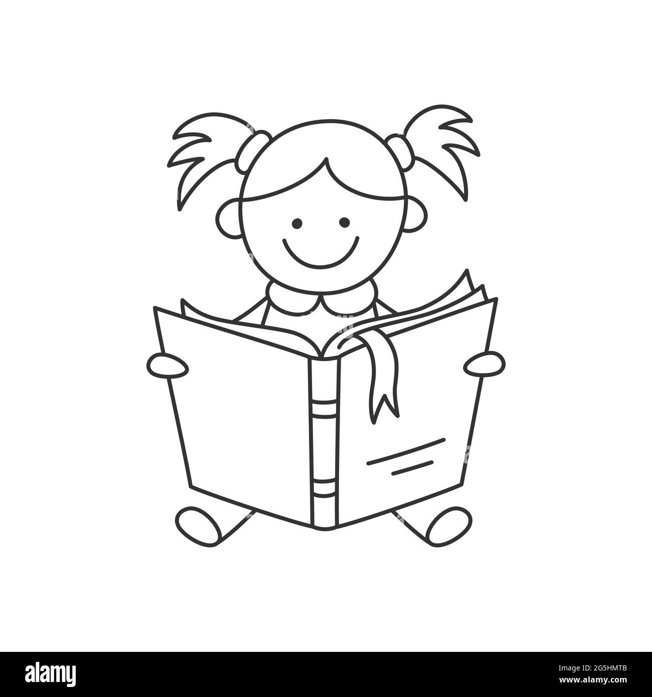 Piccolo capretto disegnato a mano che tiene il libro aperto e la lettura. Educazione dei bambini. La ragazza legge il libro. Illustrazione vettoriale isolata su sfondo bianco in stile doodle Illustrazione Vettoriale