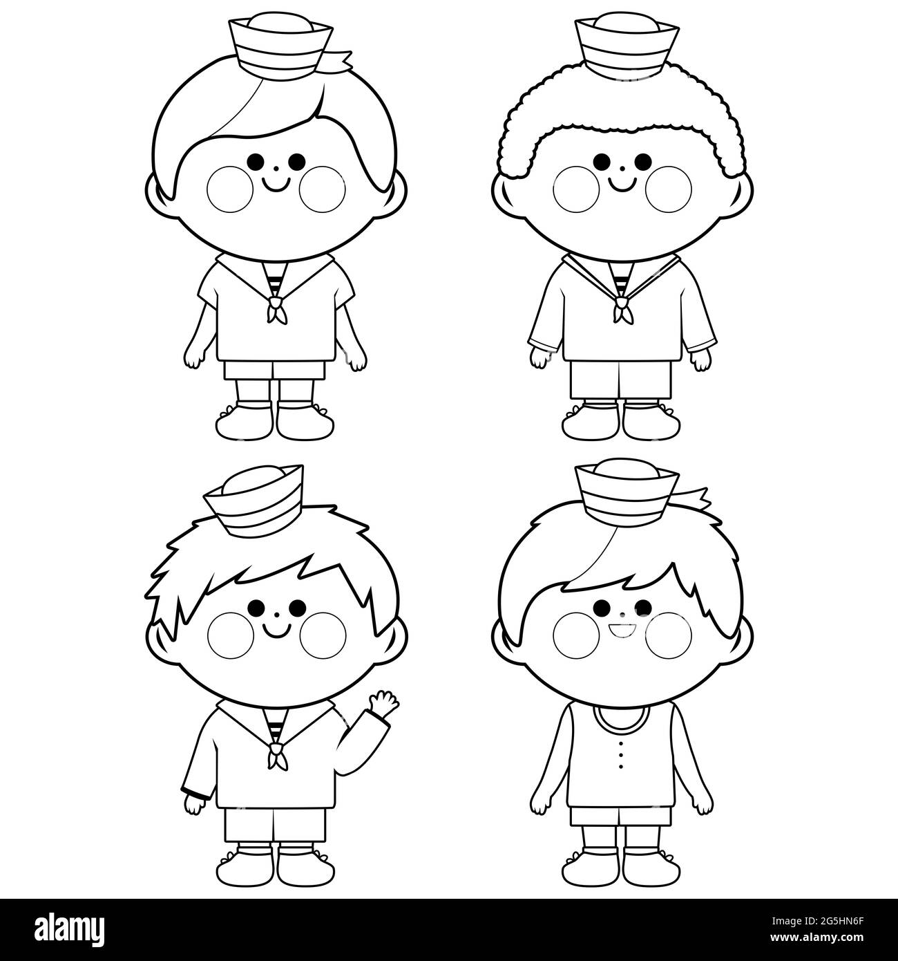 Bambini in abiti nautici. Pagina da colorare in bianco e nero. Foto Stock