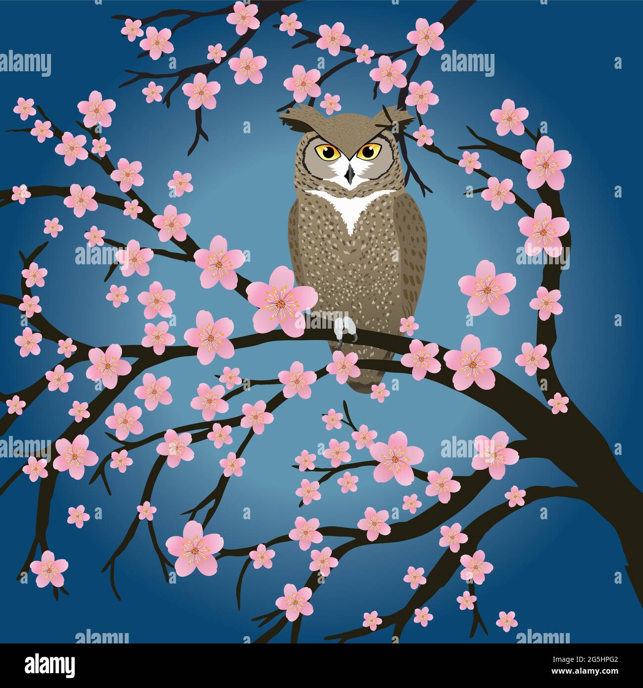 Grande gufo cornuto in un albero di ciliegio fiorito. Lo sfondo è un gradiente blu con un colore più chiaro al centro. Illustrazione Vettoriale