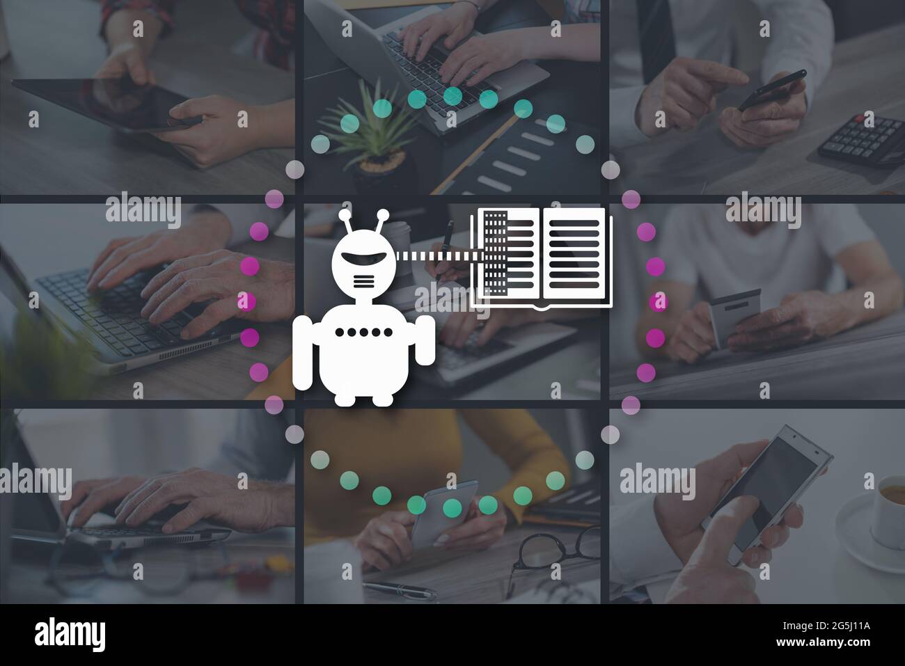 Concetto di apprendimento automatico illustrato da immagini sullo sfondo Foto Stock