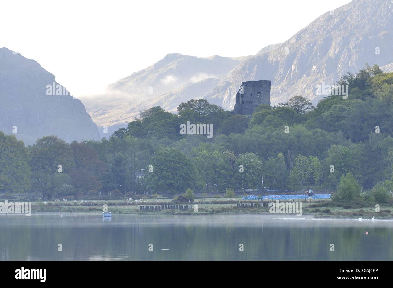 Dolbadarn castello, che domina Llyn Padarn a Llanberis, Snowdonia, Gwynedd, Galles, Regno Unito Foto Stock