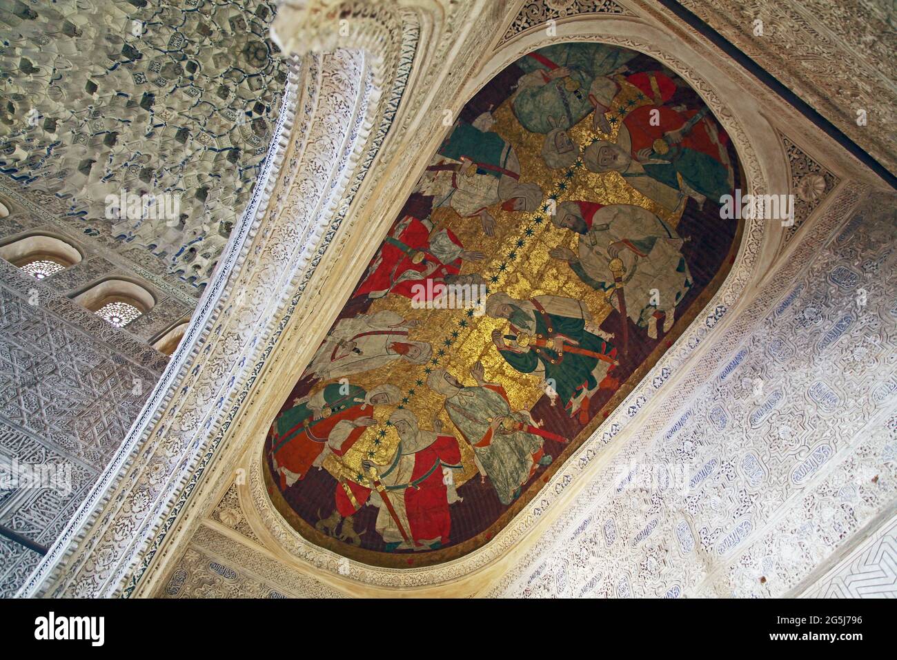 Alhambra Granada Spain.Hall of the Kings (Sala de los Reyes) chiamato anche Sala di Giustizia (Sala de la Justicia) e Corte (Tribunale) del 18 ° secolo. Il dipinto rappresenta i primi dieci re della dinastia Nasrid Foto Stock