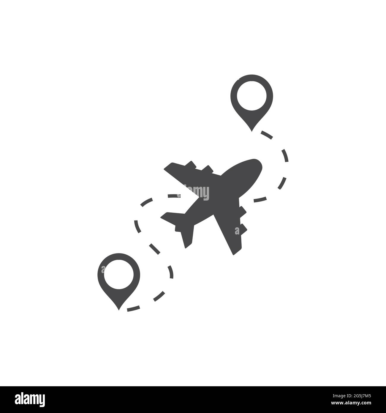 Icona vettoriale nera dell'aereo e della posizione. Simbolo del percorso di volo. Illustrazione Vettoriale