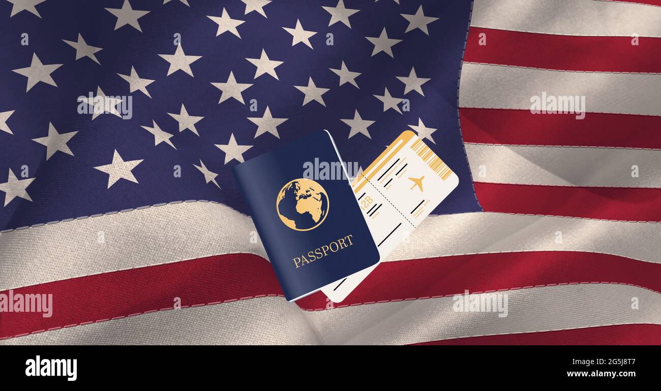 Composizione del passaporto e del biglietto aereo di viaggio sulla bandiera americana Foto Stock