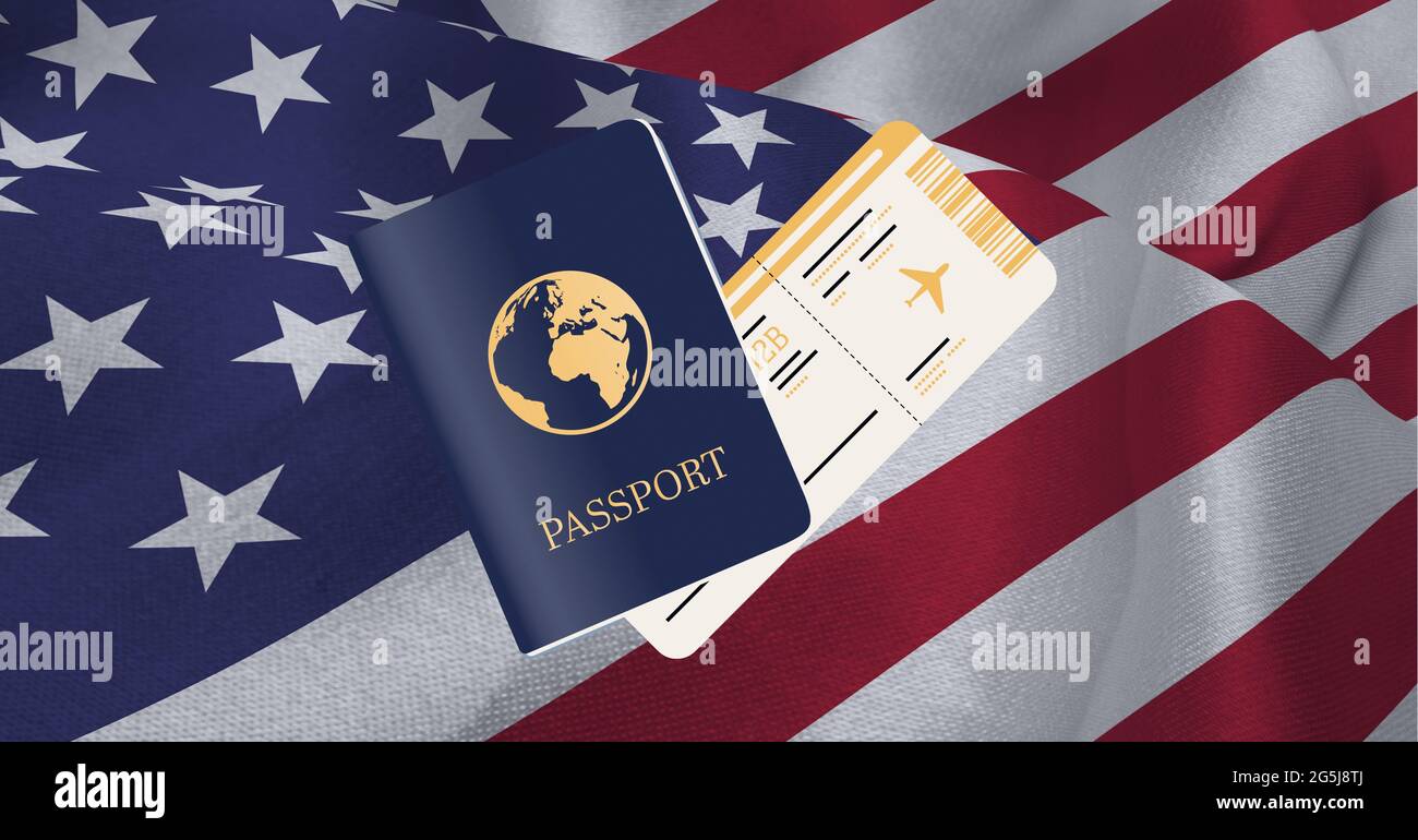 Composizione del passaporto e del biglietto aereo di viaggio sulla bandiera americana Foto Stock