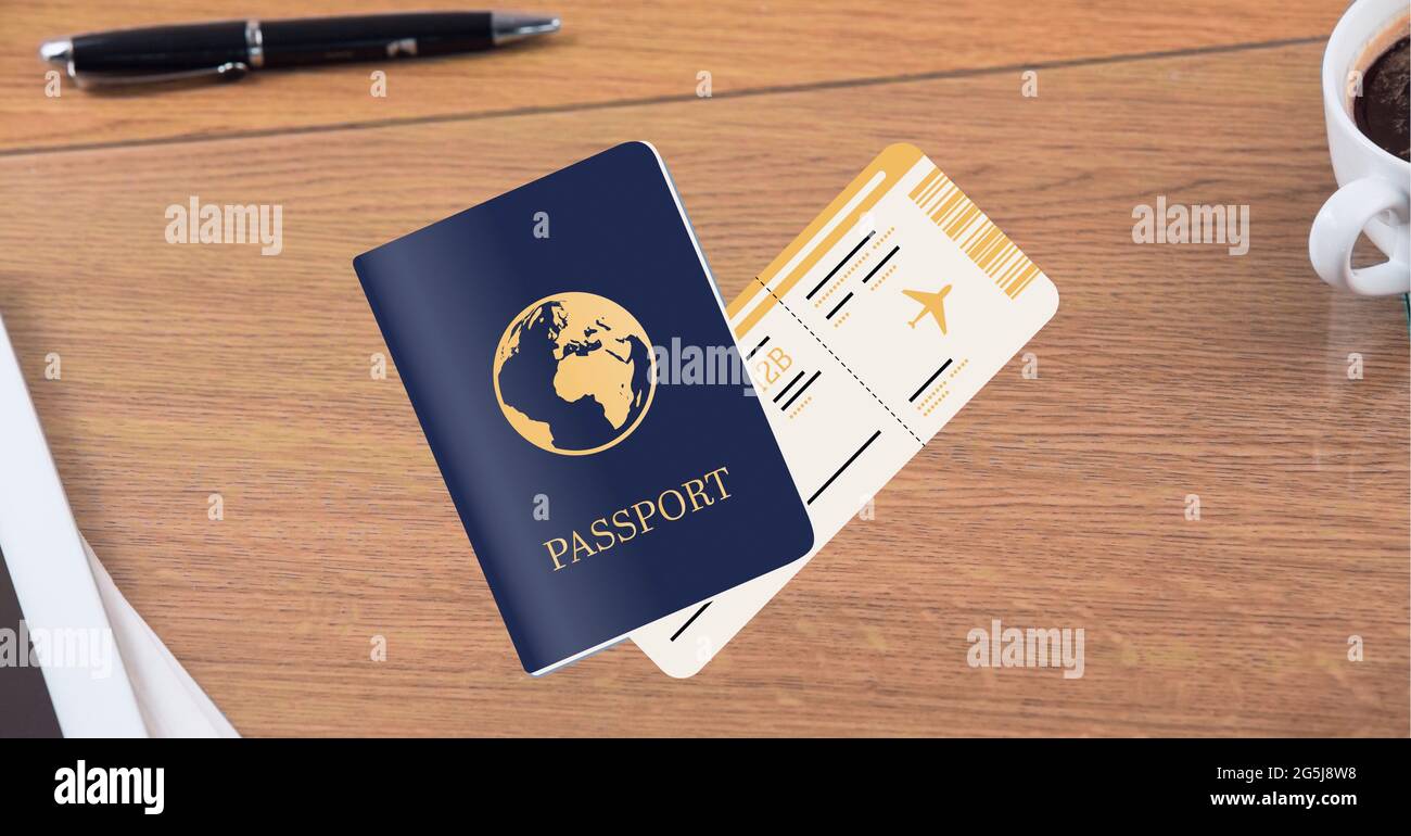 Composizione del passaporto e biglietto aereo di viaggio su banco di legno, con penna e caffè Foto Stock