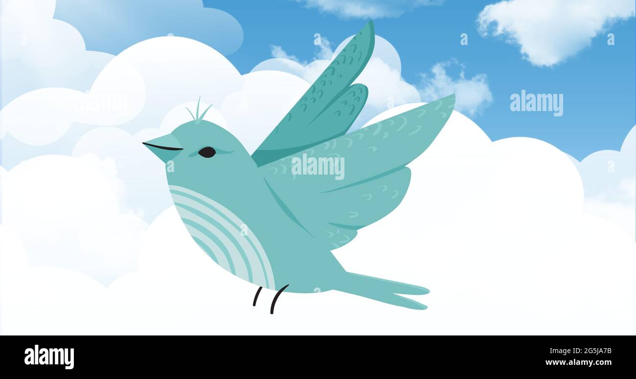 Composizione di uccello verde che vola contro nuvole su sfondo blu Foto Stock