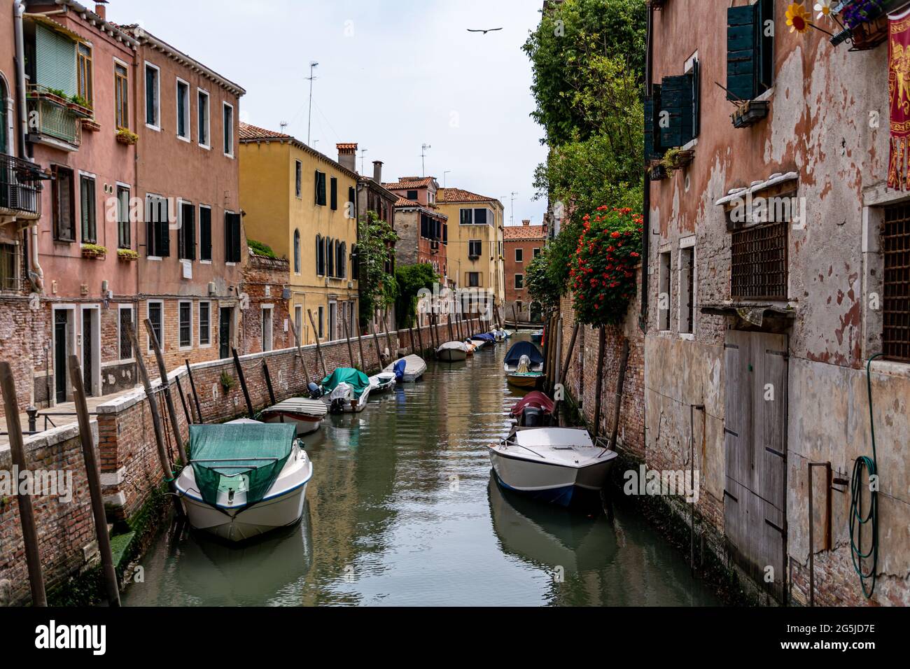 Vista romantica su un canale d'acqua (la cosiddetta Riva) a Venezia, Italia. Questi corsi d'acqua sono i principali mezzi di trasporto della città Foto Stock