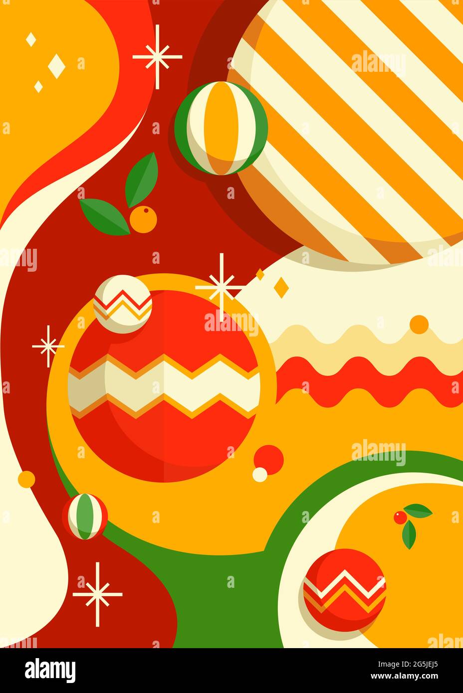 Poster con palle di albero di natale. Cartellone in stile cartoon. Illustrazione Vettoriale