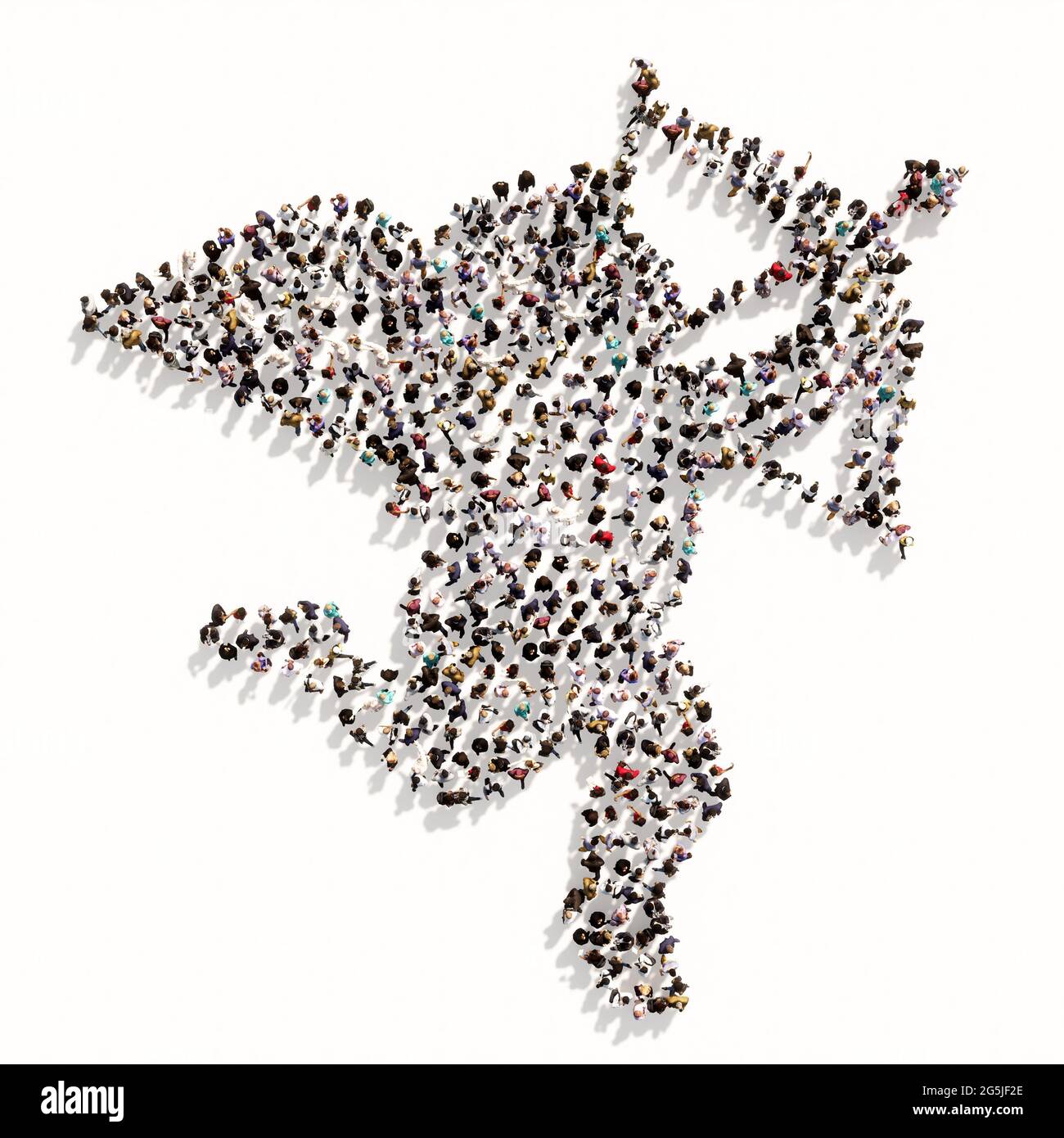 Concetto o concettuale grande riunione di persone che formano l'immagine di bambino Cupido con una freccia su sfondo bianco. Una metafora di illustrazione 3d per lov Foto Stock