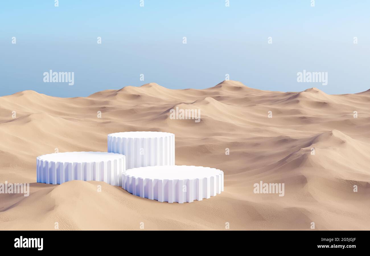 Paesaggio desertico surreale con costruzioni ad arco bianco in prospettiva Foto Stock