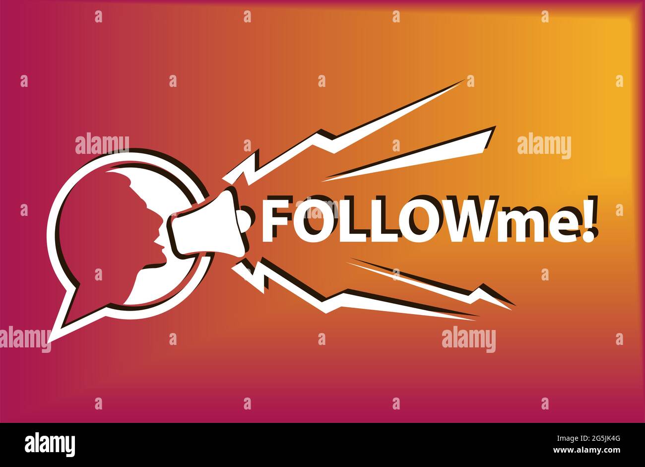 Seguimi slogan con persone e megafono. Immagine vettoriale piatta su sfondo colorato. Illustrazione Vettoriale