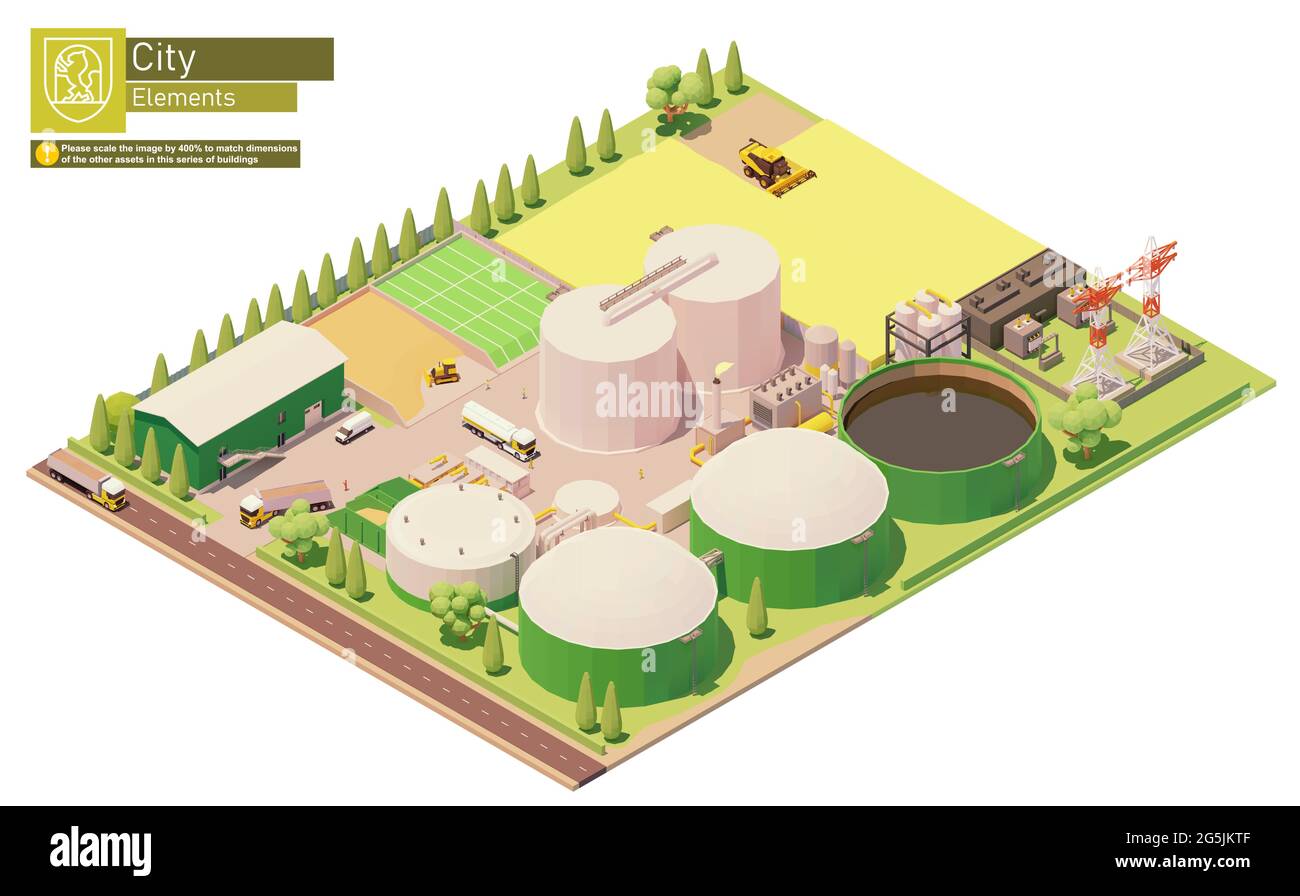 Centrale elettrica di biogas isometrica vettoriale Illustrazione Vettoriale