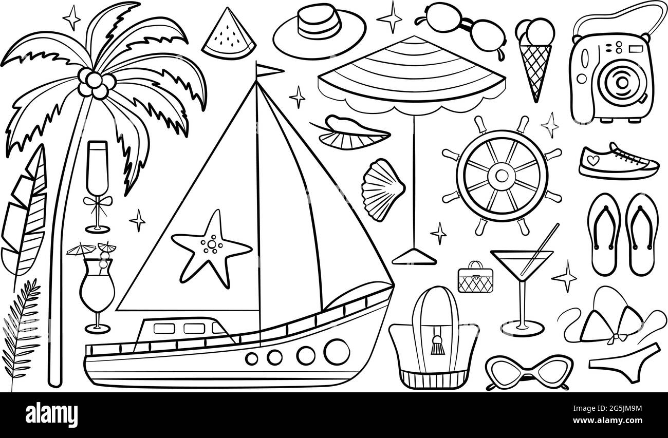 Set di elementi di design da viaggio per il doodle. Doodles di vacanza e di viaggio disegnati a mano, perfetti per la spiaggia estiva e yacht volantini e manifesti. Illustrazione Vettoriale