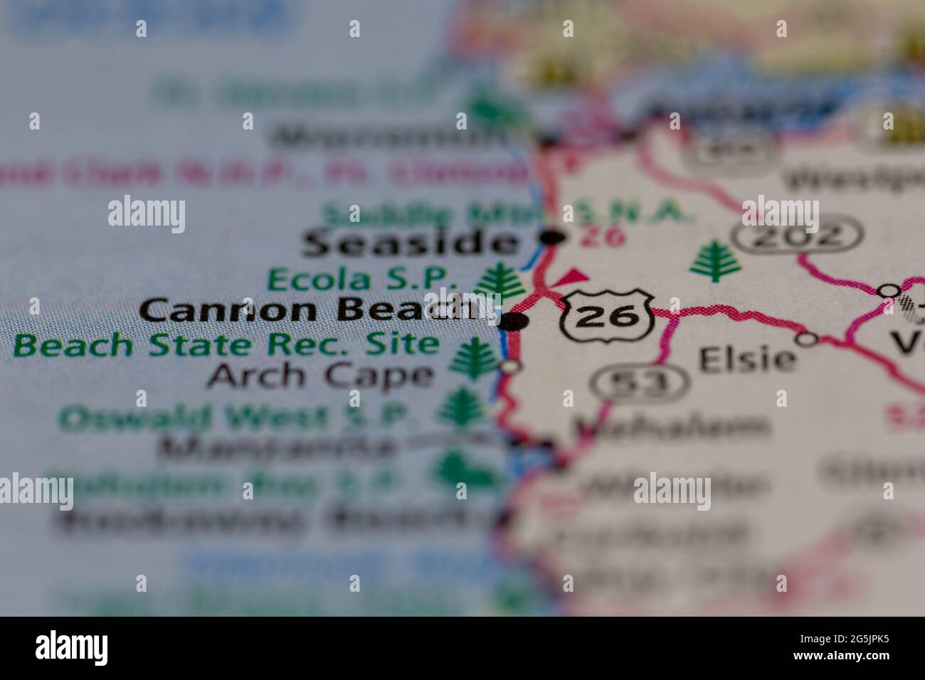 Cannon Beach Oregon USA mostrato su una mappa geografica o su una mappa stradale Foto Stock