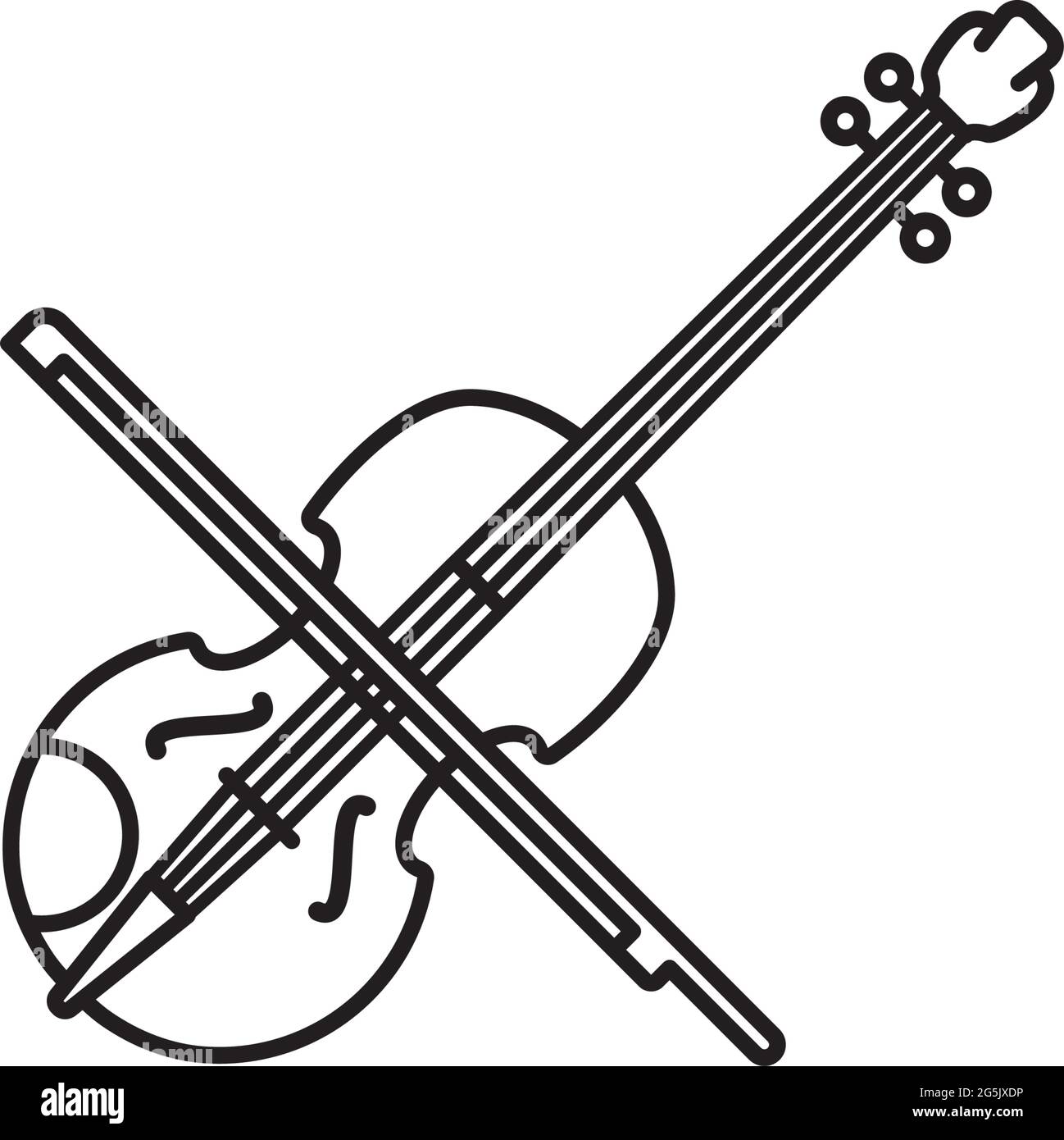 Fiddle con l'icona della linea vettoriale dell'arco per il giorno del violino il 12 dicembre. Simbolo del contorno dello strumento musicale classico. Illustrazione Vettoriale