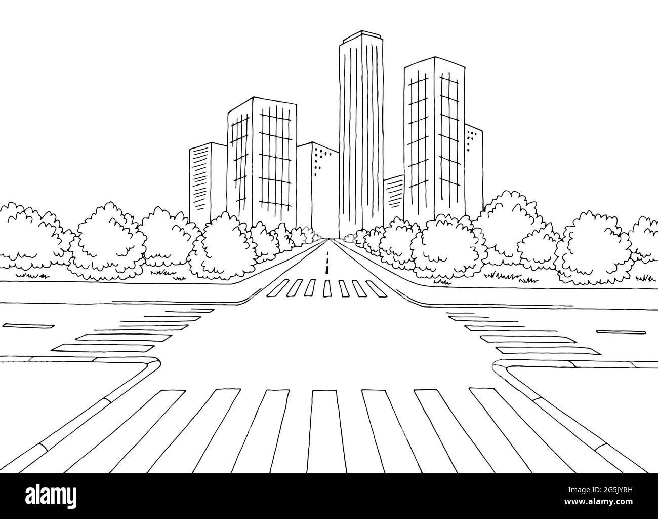 Crocevia strada grafica nero bianco città paesaggio disegno vettore Illustrazione Vettoriale