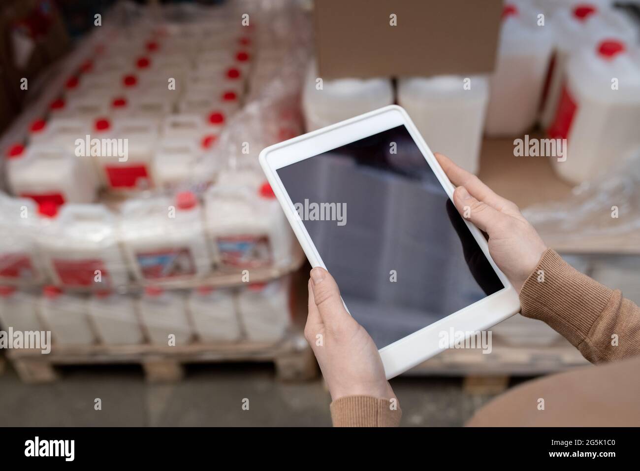 Tablet nelle mani del responsabile del magazzino femminile durante la rete Foto Stock