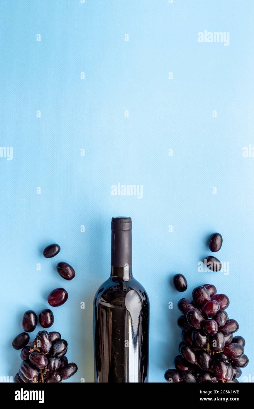 Bottiglia di vino rosso con uva. Vista dall'alto Foto Stock