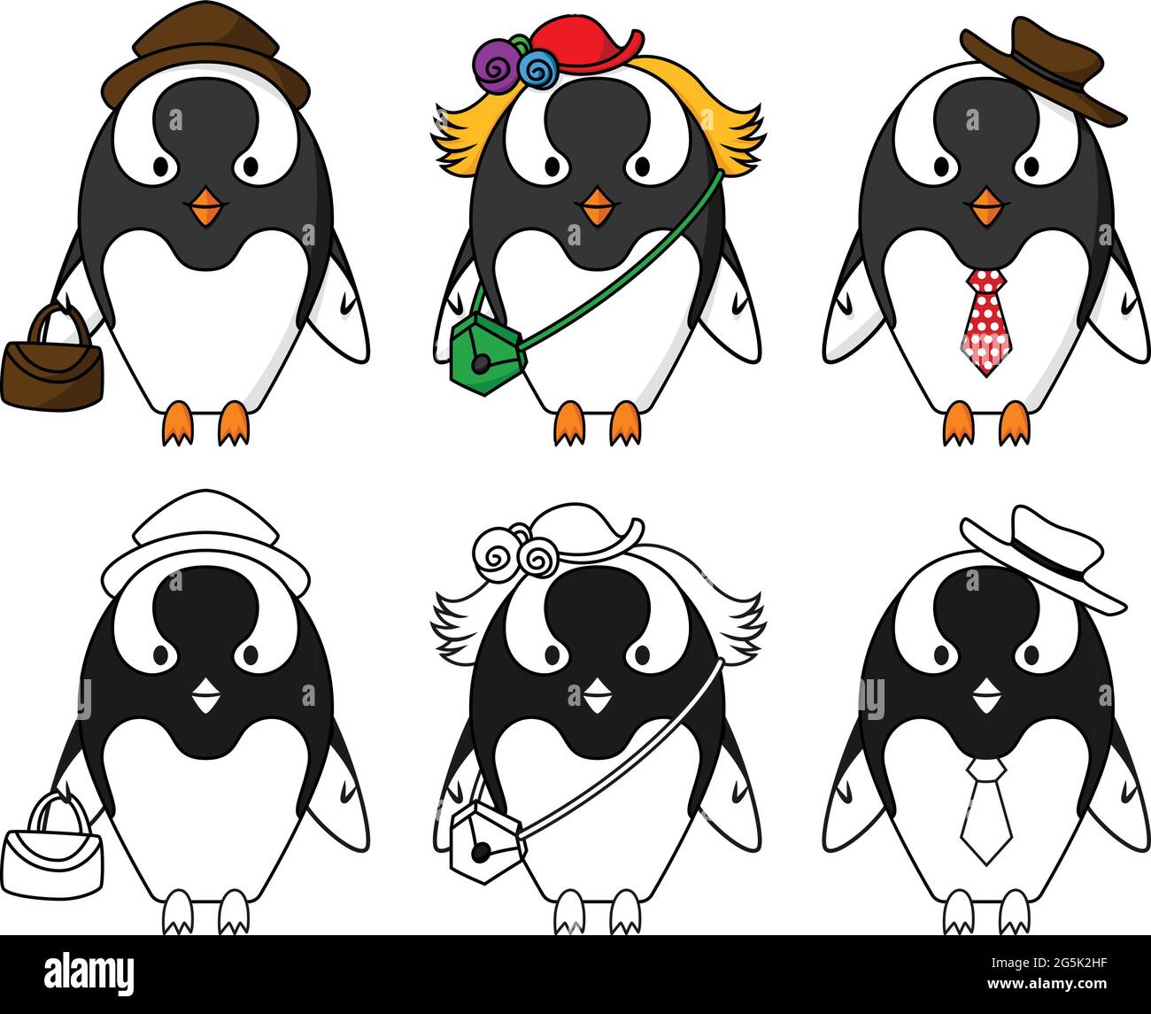 Pinguini signora e signori che vanno a lavorare indossando cappello, cravatta e borsa verde, borsa Illustrazione Vettoriale