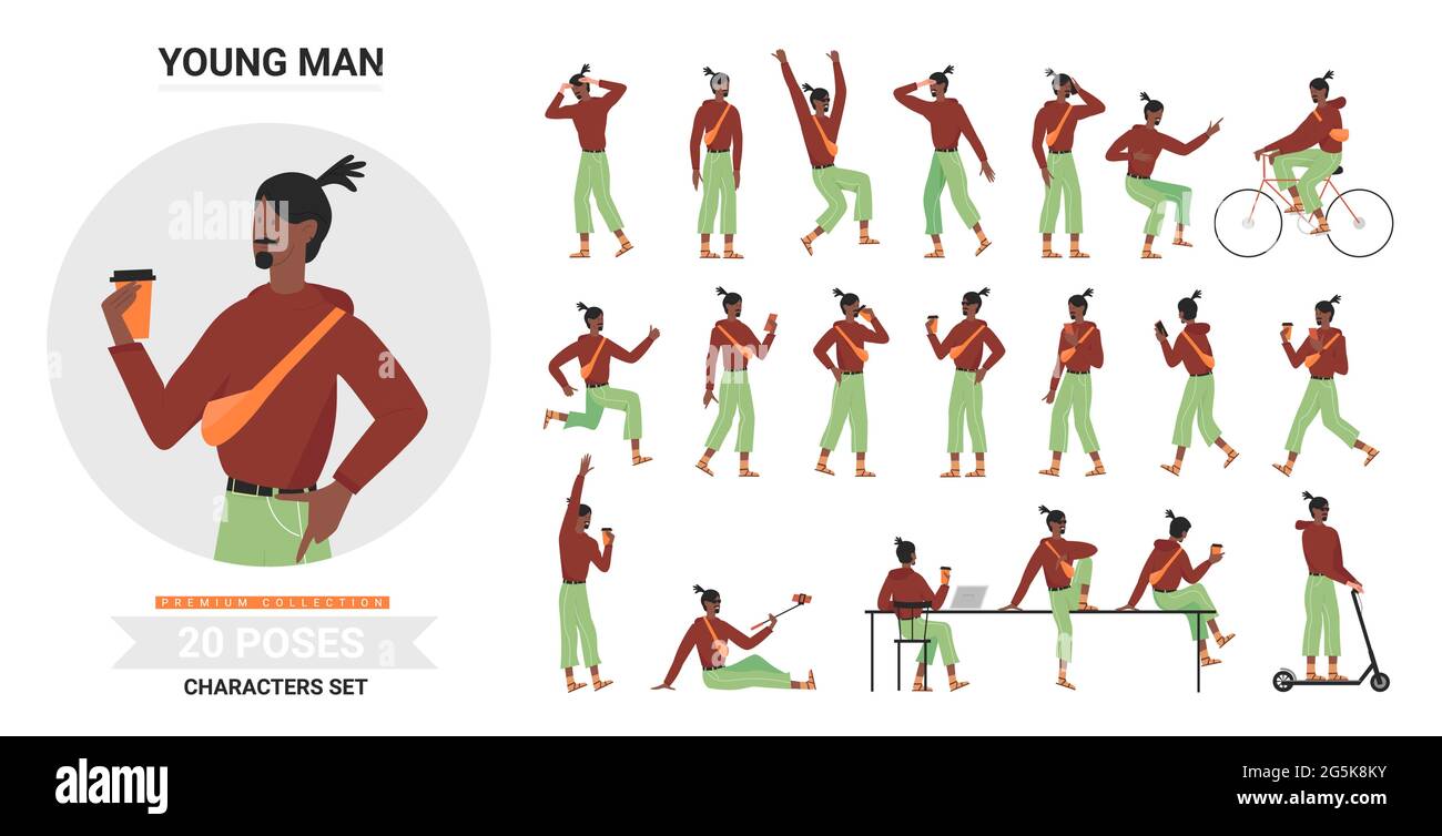 Il giovane nero afroamericano pone un insieme di illustrazioni vettoriali infografiche. Cartoon in piedi hipster con bearded piatto, tazza da caffè smartphone a piedi, bicicletta da corsa o posture scooter isolato Illustrazione Vettoriale