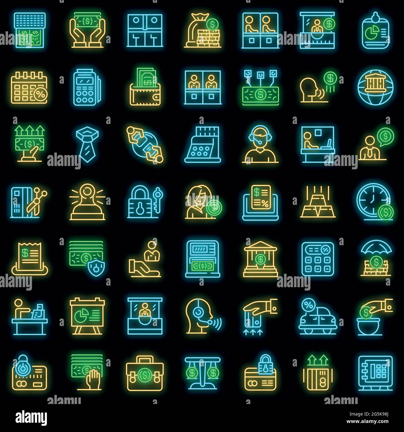 Set di icone di Bank Teller. Contorno insieme di icone vettoriali di bancomat colore neon su nero Illustrazione Vettoriale