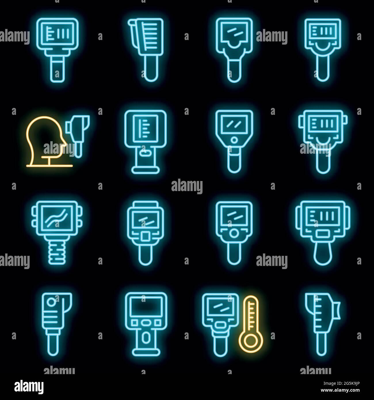Set di icone della termocamera. Contorno insieme di icone vettoriali della termocamera colore neon su nero Illustrazione Vettoriale