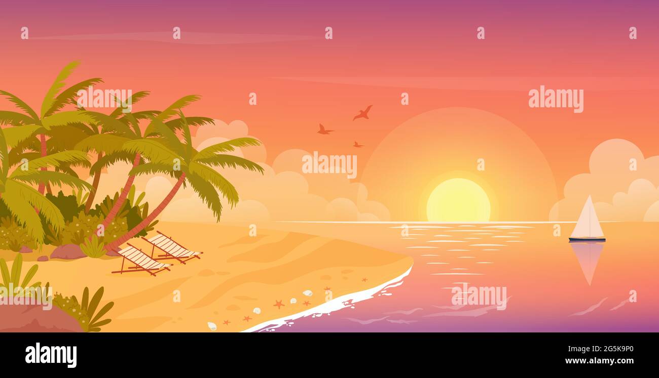 Spiaggia tramonto, vacanza tropicale viaggio in estate tropicale isola paesaggio illustrazione vettoriale. Cartoon mare palme, relax resort lounges vicino al mare onde, calmo costa sfondo paesaggio marino Illustrazione Vettoriale