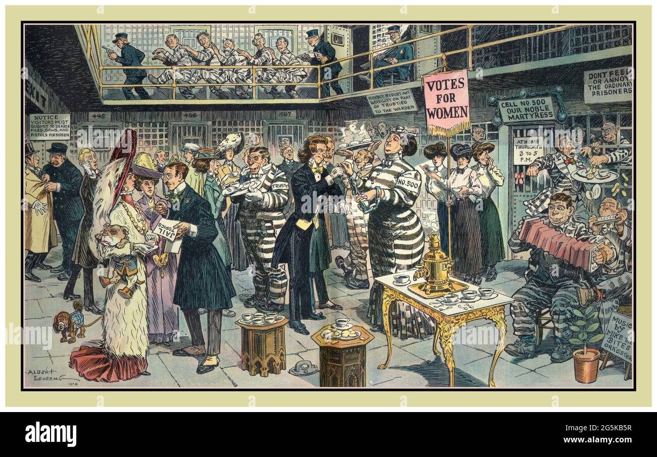 SUFFRAGIO/SUFFRAGETTES tè pomeridiano / Albert Levering 1910. Commento sociale Cartoon disegno litografia l'illustrazione mostra una socialita, prigioniero 'no. 500', in prigione come martire per la causa del suffragio femminile,' voti per le donne' avendo una festa da tè con i suoi amici della società fuori dalla sua cella denominata 'Cell n. 500 nostra nobile Martiress'. Levering, Albert, 1869-1929, artista N.Y. : pubblicato da Keppler & Schwarzmann, Puck Building, 1910 febbraio 9. Suffragio femminile--1910 Foto Stock