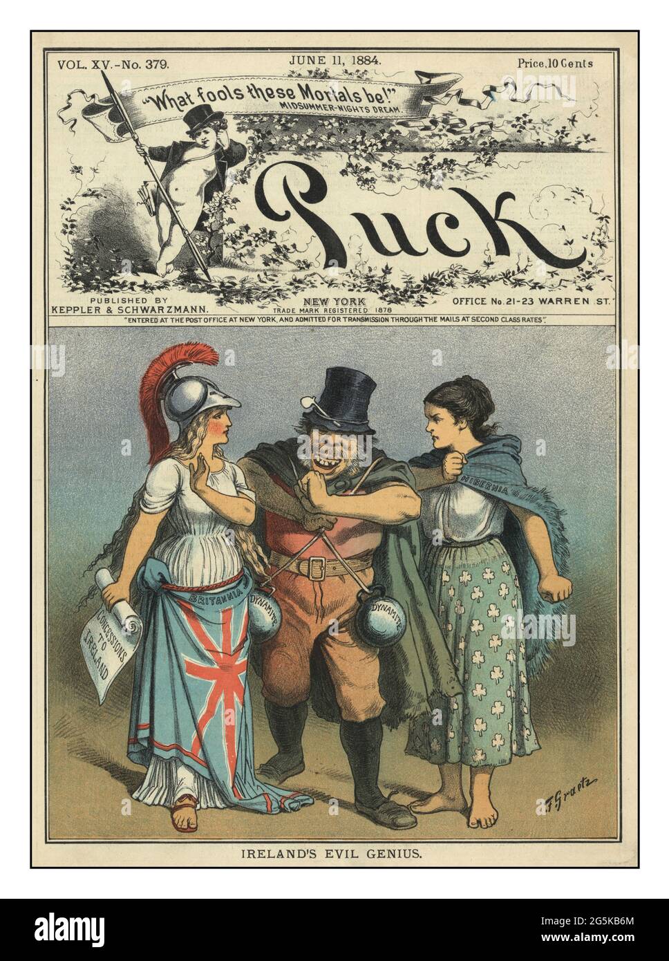 CIreland's male genio / F. Graetz. L'illustrazione riassuntiva mostra 'Britannia' in piedi sulla sinistra, tenendo 'concessioni all'Irlanda' e 'Hibernia' in piedi sulla destra in una posizione militante; fra loro è un uomo che guarda brutto con due bombe 'dynamite' stese sulle sue spalle. Nomi dei collaboratori Graetz, F. (Friedrich), circa 1840-1913, artista creato / pubblicato N.Y. : pubblicato da Keppler & Schwarzmann, 1884 giugno 11. Oggetto - Britannia (carattere simbolico)--1880 -1890 - Irlanda--rappresentazione simbolica--1880 -1890 - autonomia--1880 -1890 - Relazioni internazionali-- Foto Stock