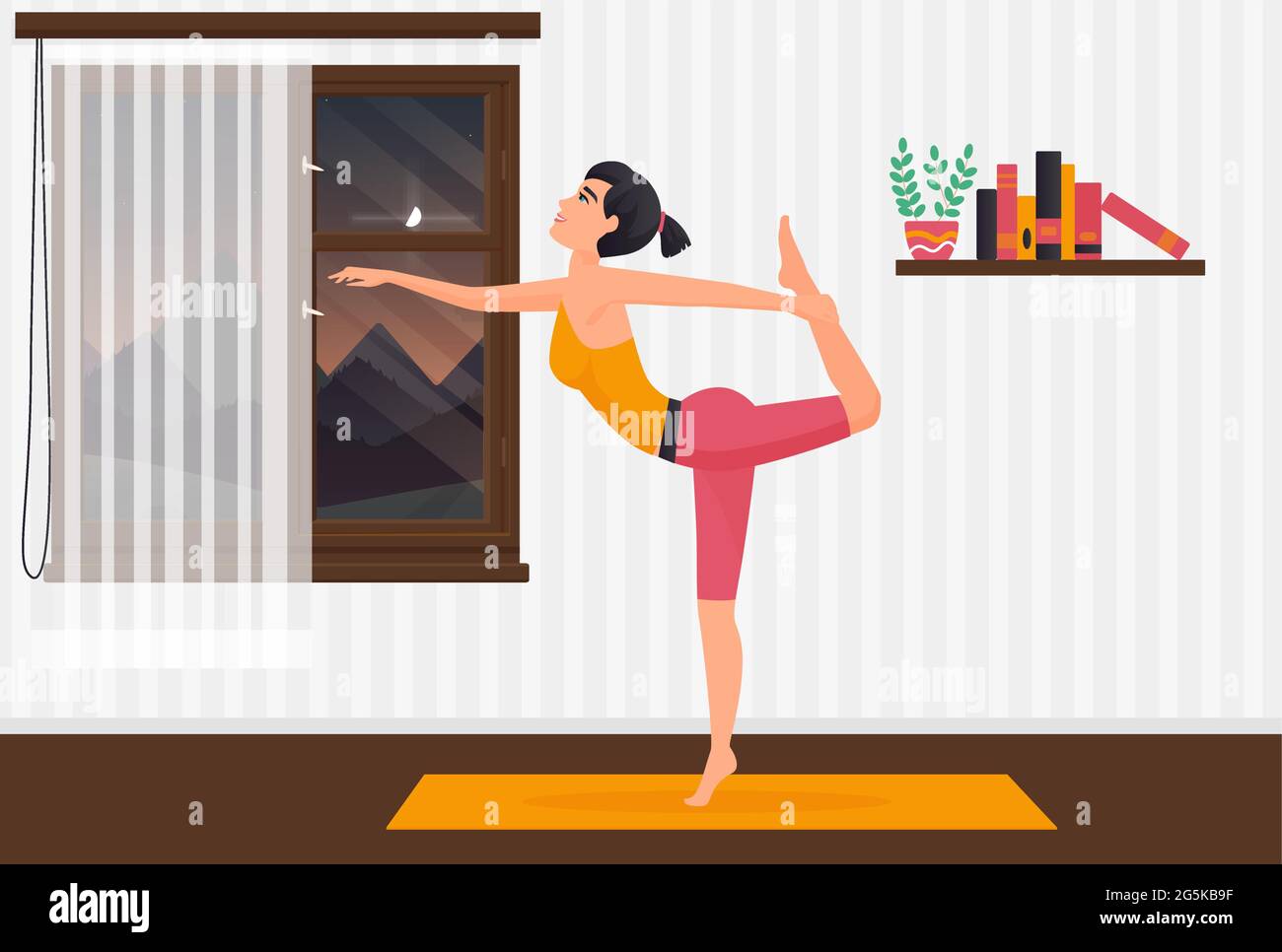 Casa yoga pilates, ragazza che si esercita su yoga mat illustrazione vettoriale. Cartone animato giovane carattere sportivo donna stretching corpo, facendo esercizi sportivi in interni stanza, benessere sfondo sano stile di vita Illustrazione Vettoriale