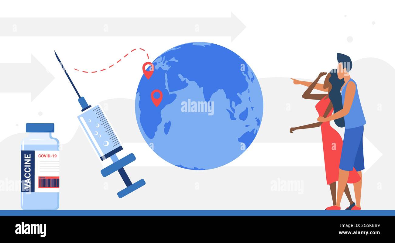 Vaccinazione globale per proteggere il mondo contro il virus, fermare l'illustrazione del vettore concetto di medicina del coronavirus. Cartoon vaccino flacone medico, iniezione siringa grande e persone che punta a sfondo Africa Illustrazione Vettoriale