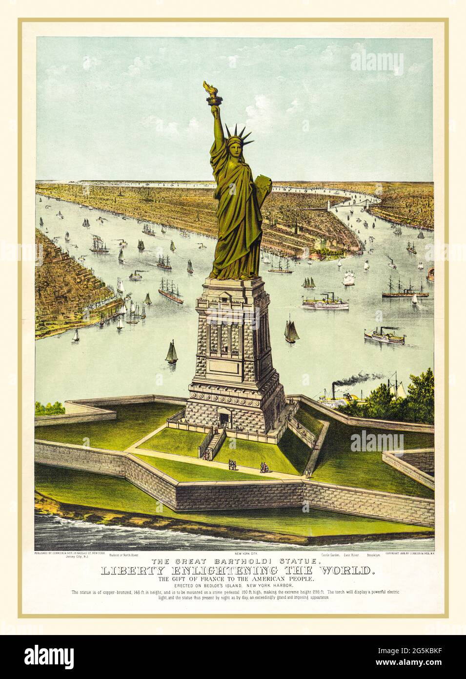 LA STATUA DELLA LIBERTÀ ILLUSTRAZIONE la grande statua di Bartholdi, libertà che illumina il mondo: Il dono della Francia al popolo americano New York America USA : pubblicato da Currier & Ives, c1885 Chromolitografi--colore--1880-1890. Cromolitografia Currier & Ives. Foto Stock