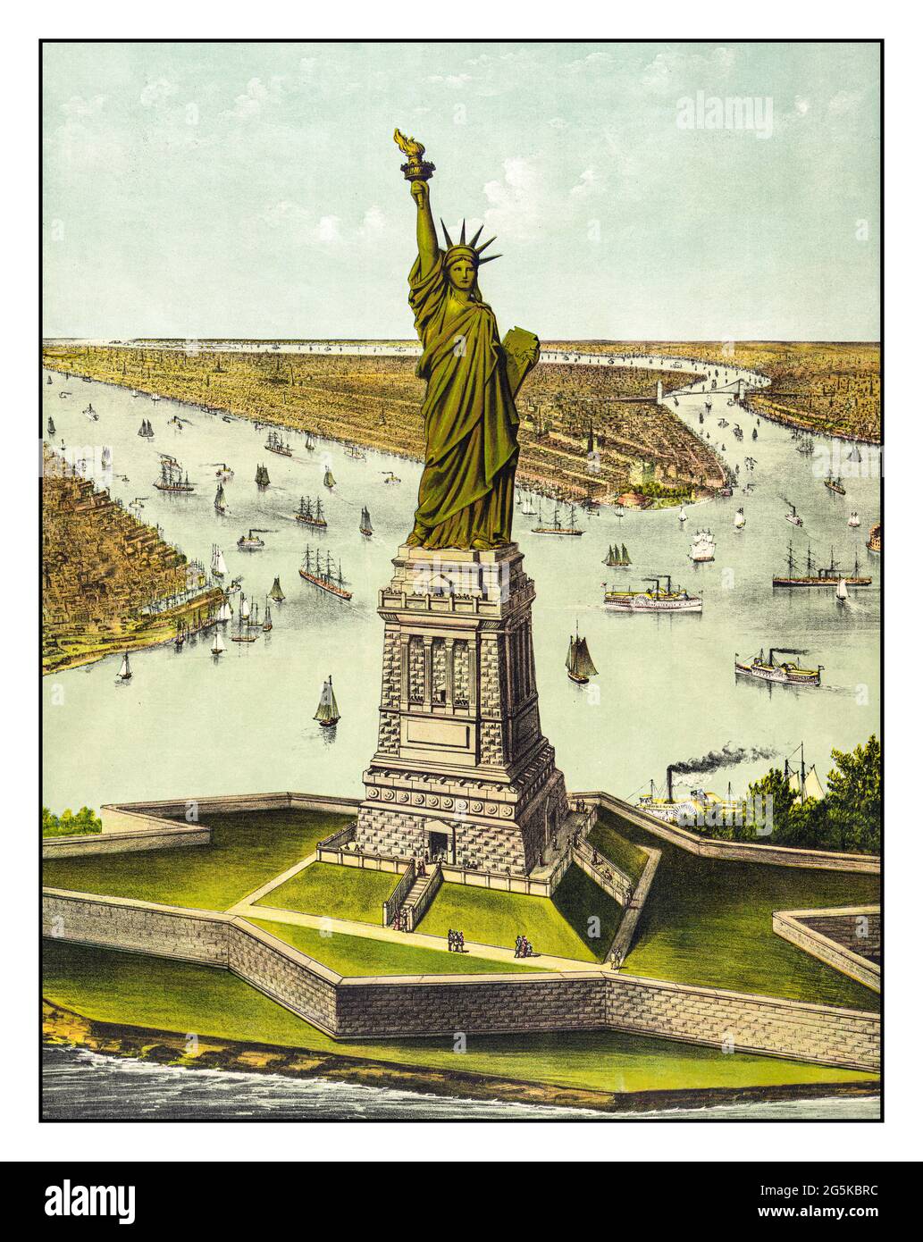 LA STATUA DELLA LIBERTÀ ILLUSTRAZIONE la grande statua di Bartholdi, libertà che illumina il mondo: Il dono della Francia al popolo americano New York America USA : pubblicato da Currier & Ives, c1885 Chromolitografi--colore--1880-1890. Cromolitografia Currier & Ives. Foto Stock