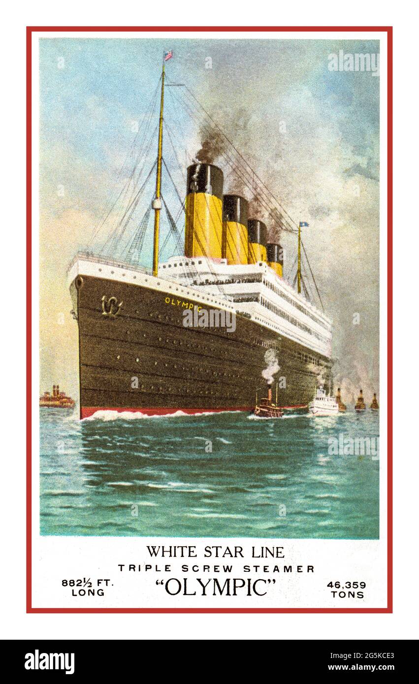 Poster d'epoca DELLE OLIMPIADI del 1900 per White Star Line, nave gemella a tre viti 'Olympic' per il Titanic, lungo 882 1/2 metri, Poster da 46359 tonnellate che mostra la nave a vapore olimpica in mare. Detroit Publishing Co., [Detroit, Michigan] :, {tra 1910 e 1915} Foto Stock