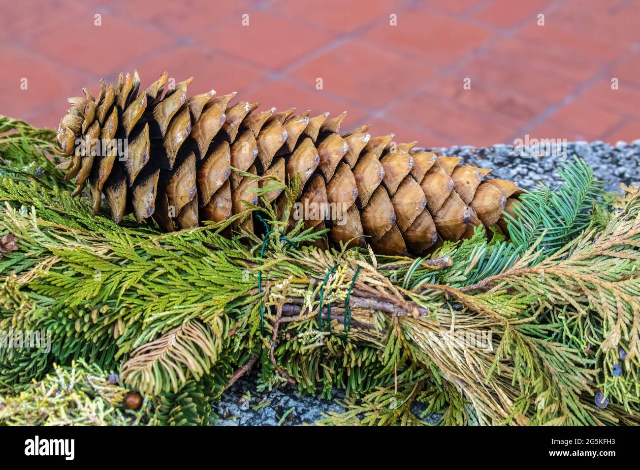 Decoro invernale - Pinecone su granito accanto ad un mazzo di rami sempreverdi con piastrelle sfocate sullo sfondo - fuoco selettivo e spazio per la copia Foto Stock