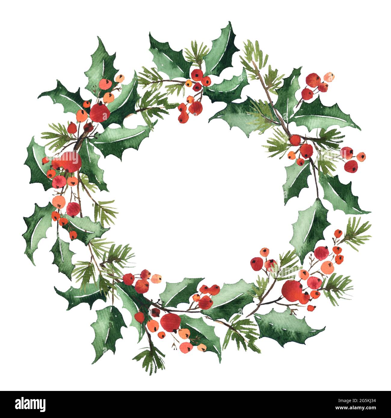 Corona acquerello arrangiamento di foglie agili, bacche rosse e abete rosso per la decorazione di Natale Foto Stock
