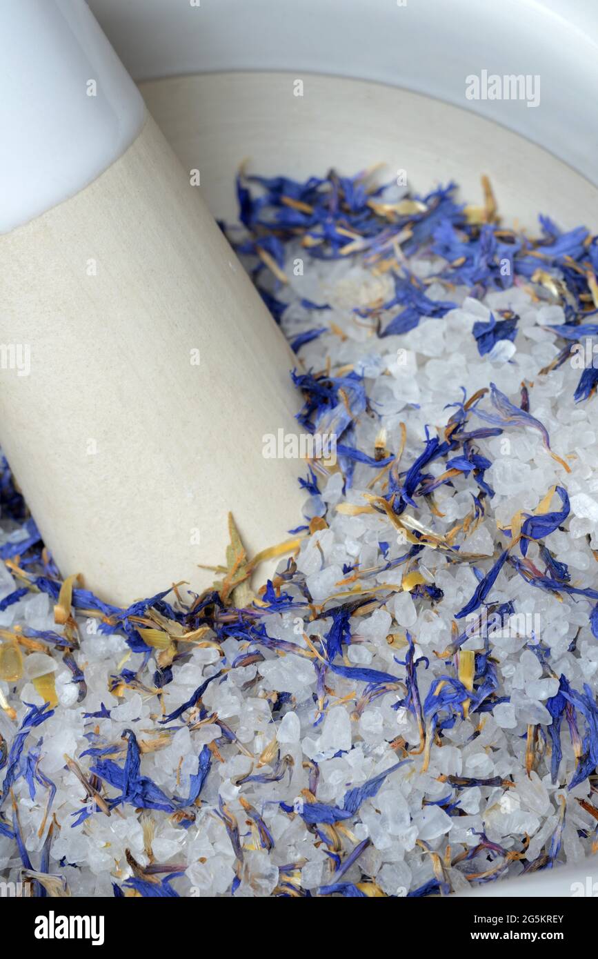 Sale di fiori di mais in mortaio, sale da tavola, Germania, Europa Foto Stock