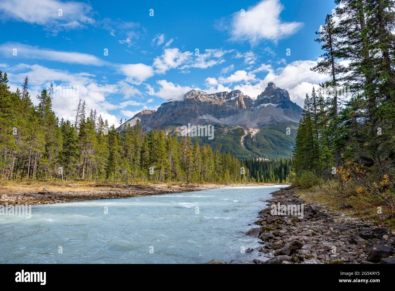 Fiume Kicking Horse River, nella catena montuosa posteriore con picchi di montagna Cathedral Crags, Montagne Rocciose, Yoho National Park, provincia Alberta, Canad Foto Stock