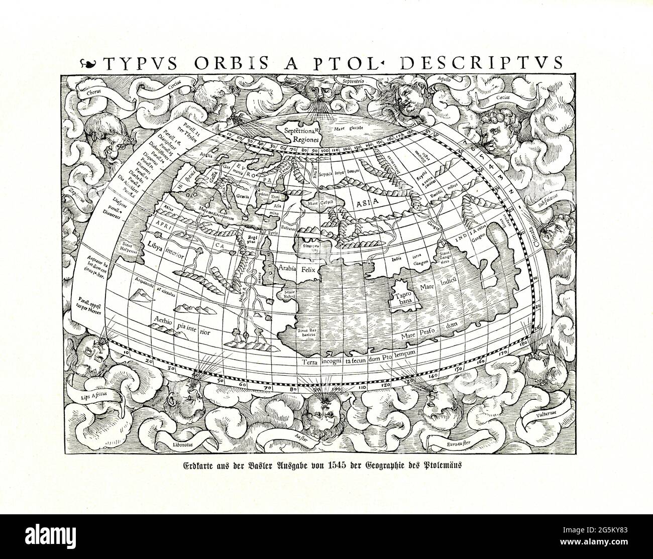 Typus Orbis a Prol Descriptus, mappa della terra dall'edizione di Basilea del 1545 della Geografia di Tolomeo Foto Stock