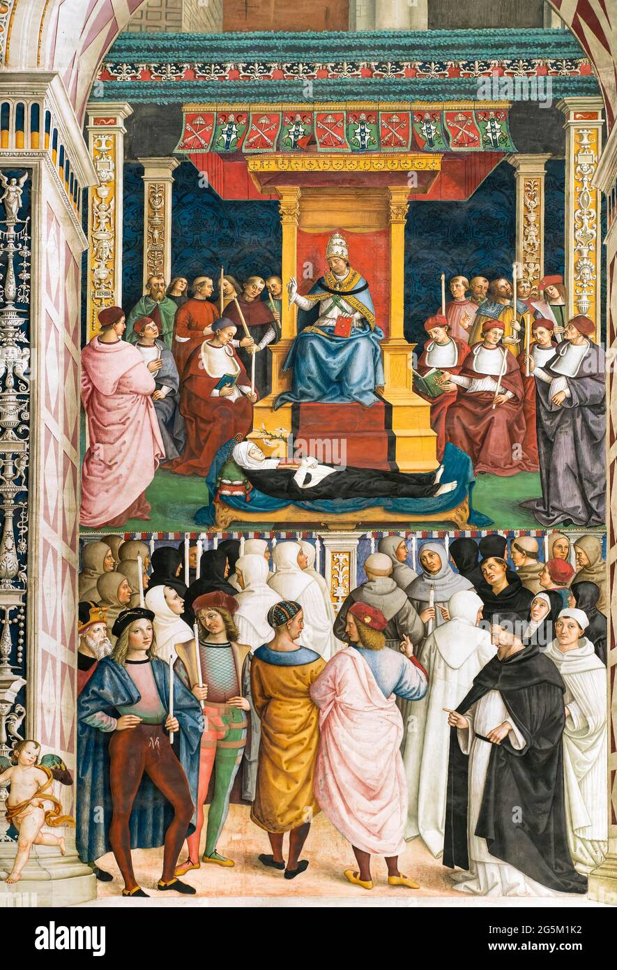 Pio II canonizza Caterina da Siena, affresco sulla vita del Cardinale Enea Silvio Piccolomini, poi Papa Pio II, 1502-1507, pittore Pinturicchio, lib Foto Stock