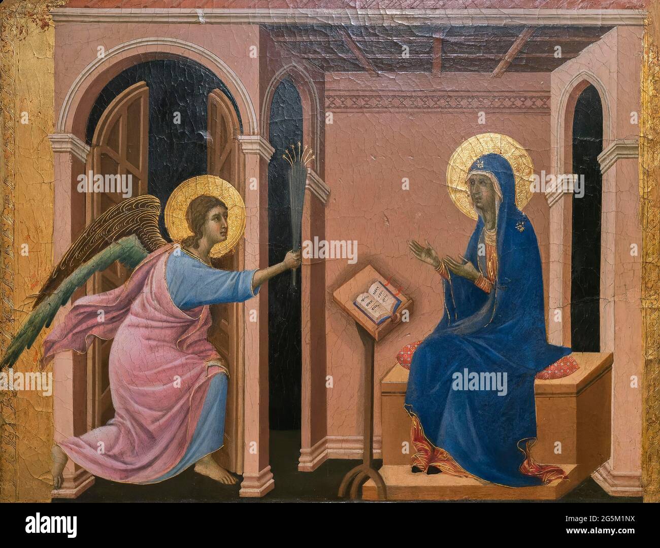 Scena dell'Annunciazione, l'angelo appare a Maria, 1308-1311, pittore Duccio di Buoninsegna, Museo dell'Opera Metropolitana, Siena, Toscana, Italia Foto Stock