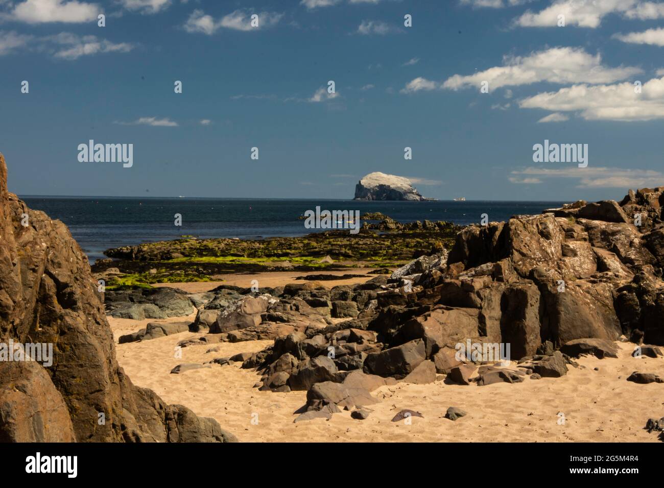 Spiaggia di North Berwick a East Lothian, Scozia in una giornata estiva soleggiata con il Bass Rock sullo sfondo. Foto Stock