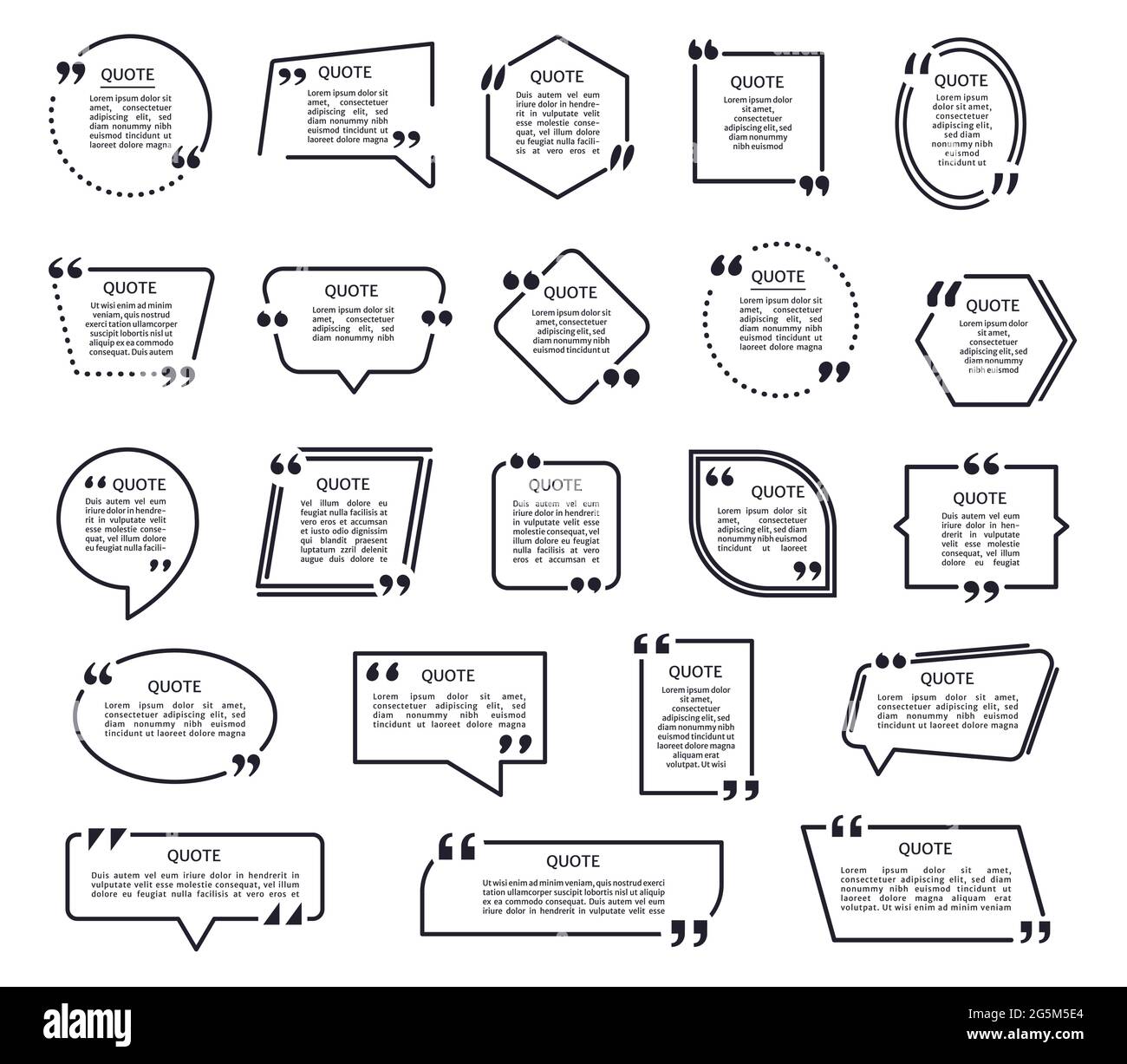 Quotare le forme. Riquadri di testo neri, caselle di virgolette con virgolette. Fumetto vocale, cornice di testo di menzione, insieme di vettori di modello di casella di citazione. Inserire le icone dei messaggi di messaggio o commento Illustrazione Vettoriale